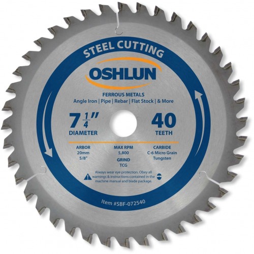 OSHLUN Steel & Ferrous Metal Cutting Blade - 7-1/4" x 40 Tooth, 20mm Hole With 5/8" Bushing