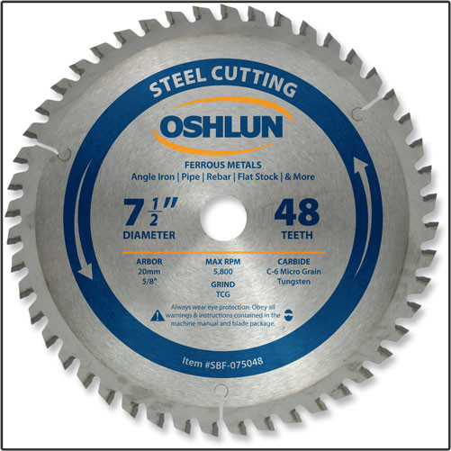 OSHLUN Steel Cutting Saw Blade - 7-1/2" x 48 Tooth, 20mm Hole with 5/8" Bushing