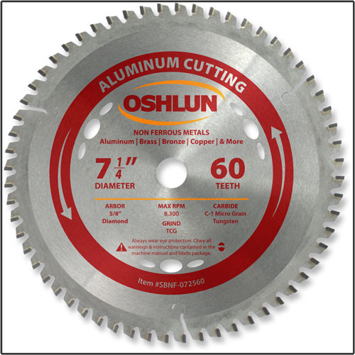 Oshlun 7-1/4"x60T TCG, 5/8" Hole (with Diamond Knockout) for Aluminum & Nonferrous Metals