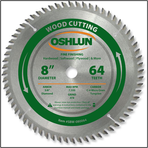 Oshlun 8x64T ATB Fine Finishing Saw Blade, 5/8" Hole with Diamond Knock Out