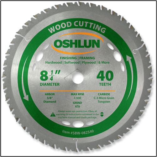 Oshlun 8-1/4"x40T ATB Finishing & Framing Saw Blade, 5/8" Hole (Diamond Knockout)