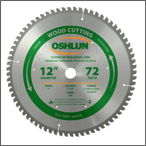 Oshlun 12"x72T Negative Hook Finishing ATB Saw Blade with 1" Hole for Sliding Miter Saws