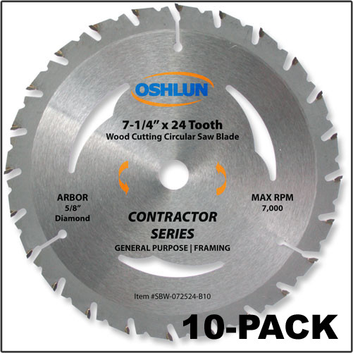 Oshlun 7-1/4"x24T ATB Contractor Series General Purpose & Framing Saw Blade, 5/8-Inch Hole with Diamond Knockout, 10-Pack