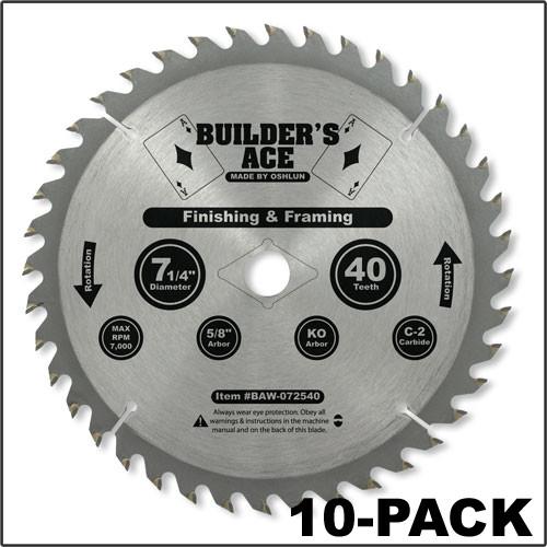 Oshlun 7-1/4"x40T ATB Builder's Ace General Purpose & Framing Saw Blade, 5/8-Inch Hole with Diamond Knockout, 10-Pack