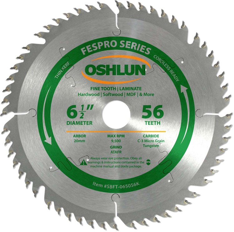 Oshlun 6-1/2-Inch 56 Tooth FesPro Thin Kerf ATAFR Saw Blade with 20mm Arbor for DeWalt DWS520 and Makita SP6000