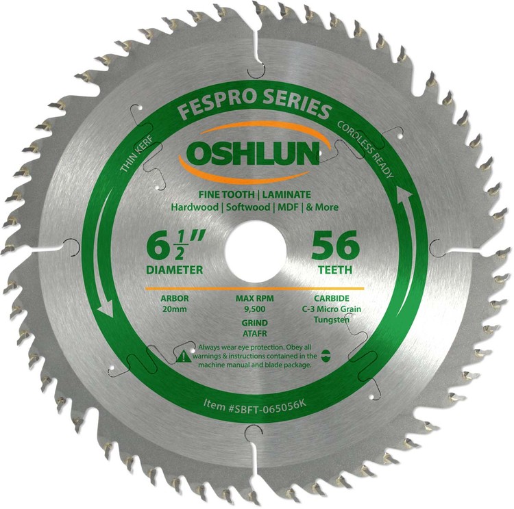 Oshlun 6-1/2-Inch 56 Tooth FesPro Thin Kerf ATAFR Saw Blade with 20mm Arbor for DeWalt DWS520 and Makita SP6000
