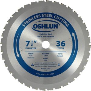 OSHLUN 7-1/4"x36 Tooth Cermet Tipped Saw Blade, 5/8" Hole with Diamond Knockout for Cutting Stainless Steel
